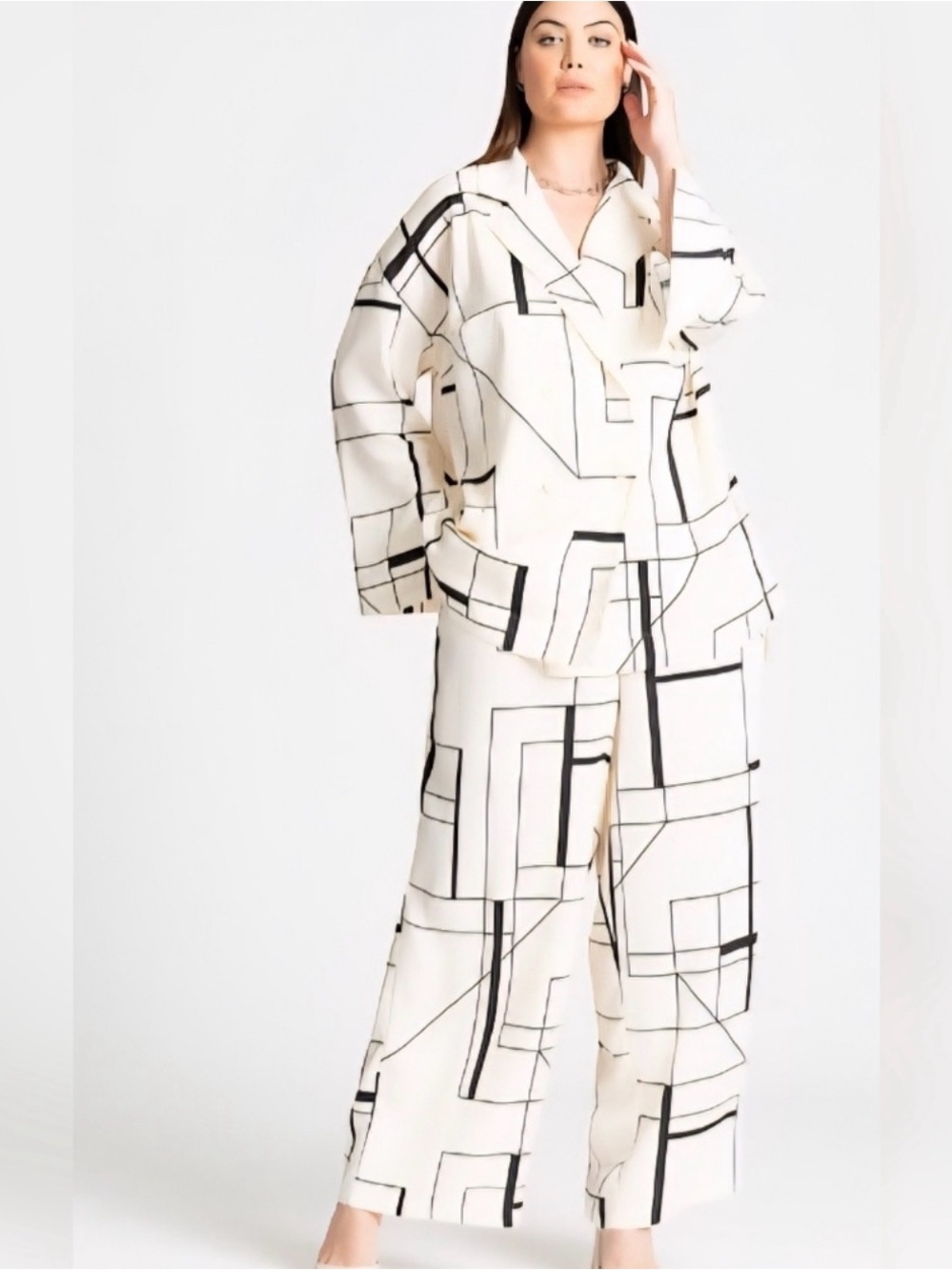 ELOQUII Cream Geometric Print Set Blazer